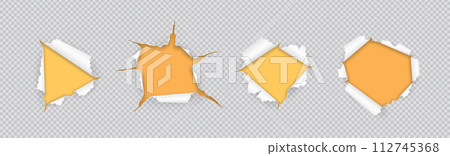 Holes in torn paper sover yellow realistic illustrations Holes in torn paper sover yellow realistic illustrations 112745368