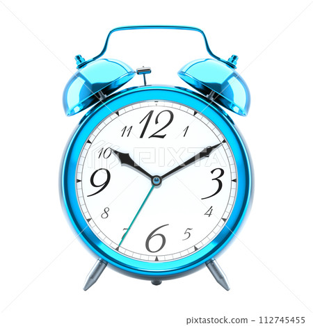 Alarm clock, vintage style blue metallic color clock with black hands. 112745455