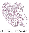 Line drawing illustration of a cute rabbit holding an Easter egg and a heart-shaped flower pattern background 112745470