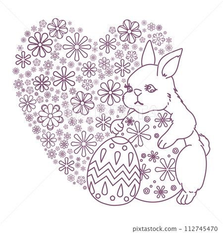 Line drawing illustration of a cute rabbit holding an Easter egg and a heart-shaped flower pattern background Line drawing illustration of a cute rabbit holding an Easter egg and a heart-shaped flower pattern background 112745470