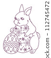 Line drawing illustration of a cute rabbit holding an easter egg 112745472