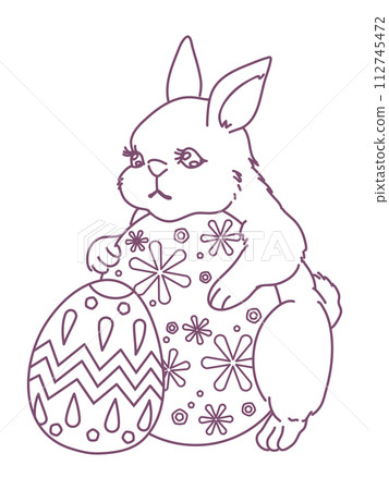 拿著復活節彩蛋的可愛兔子的線條畫插圖 112745472