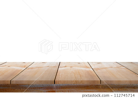 Close-up empty wooden plank long table top furniture on vintage style for put product, isolated on white background 112745714