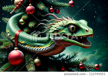 A forest green snake crawls along a Christmas tree with balls. 112745931