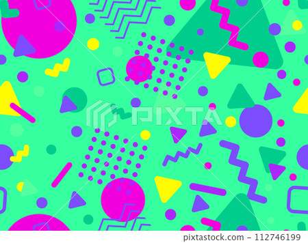 Geometric seamless pattern with memphis elements in 80s style. Colorful geometric pattern. Design of promotional products, wrapping paper and printing. Vector illustration 112746199