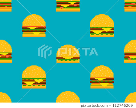 Seamless pattern with burgers in pixel art style. Pixel cheeseburgers and hamburgers with two cutlets and cheese. 8-bit fast food in retro style from the 80s and 90s. Vector illustration 112746209