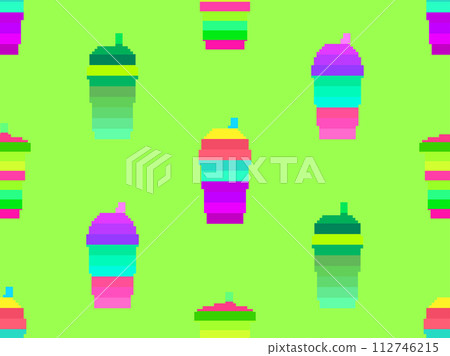 Seamless pattern with plastic or paper cups with straws in pixel art style. Pixel paper glasses for carbonated drinks. 8-bit smoothie glass with straw in retro video game style. Vector illustration Seamless pattern with plastic or paper cups with straws in pixel art style. Pixel paper glasses for carbonated drinks. 8-bit smoothie glass with straw in retro video game style. Vector illustration 112746215