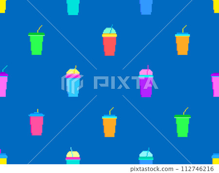 Seamless pattern with plastic or paper cups with straws in pixel art style. Pixel paper glasses for carbonated drinks. 8-bit smoothie glass with straw in retro video game style. Vector illustration 112746216