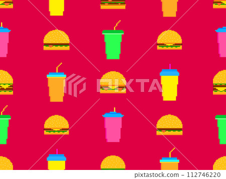 Seamless pattern with pixel hamburgers and soda. Paper cups with carbonated drinks. Cheeseburgers, hamburgers and carbonated soft drinks in pixel art style. Plastic and paper cup. Vector illustration Seamless pattern with pixel hamburgers and soda. Paper cups with carbonated drinks. Cheeseburgers, hamburgers and carbonated soft drinks in pixel art style. Plastic and paper cup. Vector illustration 112746220
