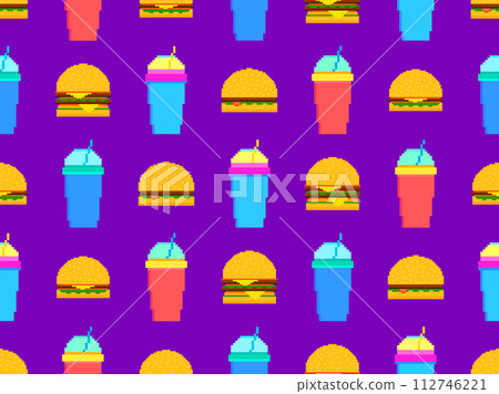 Seamless pattern with pixel hamburgers and soda. Paper cups with carbonated drinks. Cheeseburgers, hamburgers and carbonated soft drinks in pixel art style. Plastic and paper cup. Vector illustration 112746221