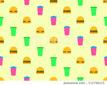 Seamless pattern with pixel hamburgers and soda. Paper cups with carbonated drinks. Cheeseburgers, hamburgers and carbonated soft drinks in pixel art style. Plastic and paper cup. Vector illustration 112746223