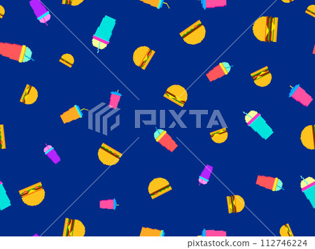 Seamless pattern with pixel hamburgers and soda. Paper cups with carbonated drinks. Cheeseburgers, hamburgers and carbonated soft drinks in pixel art style. Plastic and paper cup. Vector illustration 112746224