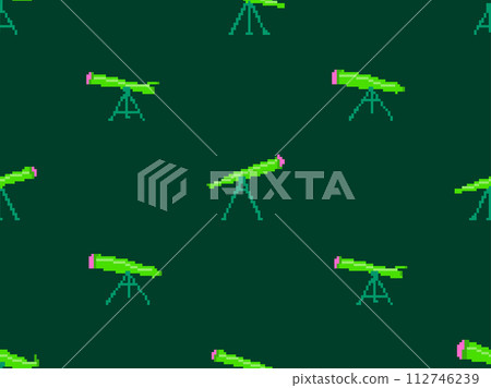 Pixel telescope seamless pattern. Telescope on a tripod in pixel art style. 8-bit astronomical telescope for observing outer space. Design for print wallpaper, banner and poster. Vector illustration 112746239
