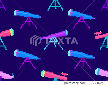 Pixel telescope seamless pattern. Telescope on a tripod in pixel art style. 8-bit astronomical telescope for observing outer space. Design for print wallpaper, banner and poster. Vector illustration Pixel telescope seamless pattern. Telescope on a tripod in pixel art style. 8-bit astronomical telescope for observing outer space. Design for print wallpaper, banner and poster. Vector illustration 112746240