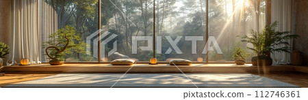 AI-generated content. Peaceful yoga studio with natural wood floors and calming colors3D render 112746361