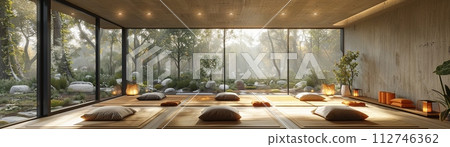 AI-generated content. Peaceful yoga studio with natural wood floors and calming colors3D render 112746362