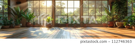 AI-generated content. Peaceful yoga studio with natural wood floors and calming colors3D render 112746363