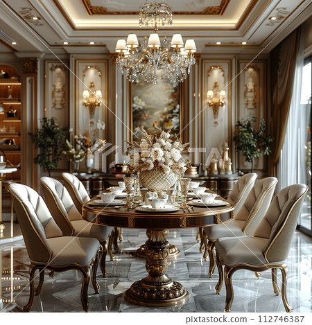AI-generated content. Opulent dining room with a crystal chandelier and elegant table setting3D render 112746387
