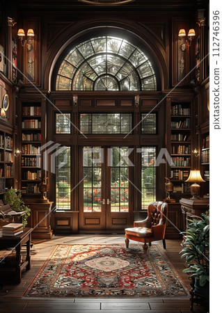 AI-generated content. Old-world study with rich wood paneling and a hidden bookcase door3D render 112746396