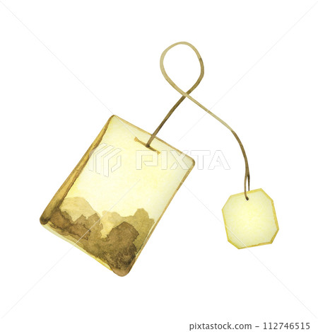 Watercolor illustration. Tea bag with tea leaves and label hand-drawn in watercolor on a white background. Suitable for printing on fabric and paper for design, creativity and scrapbooking. 112746515