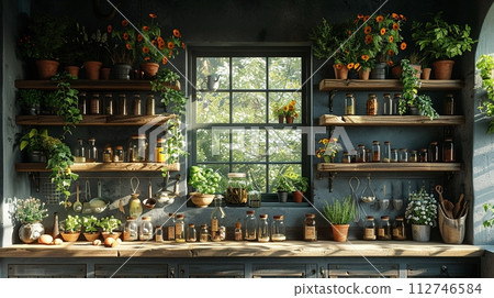 AI-generated content. Modern alchemists kitchen with herbs hanging and potion bottles3D render AI-generated content. Modern alchemists kitchen with herbs hanging and potion bottles3D render 112746584