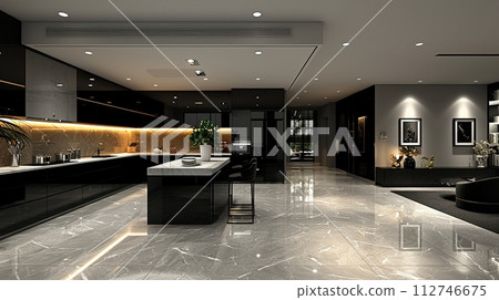 AI-generated content. Minimalist gallery kitchen with monochrome colors and hidden appliances3D render 112746675