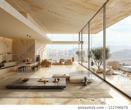 AI-generated content. Minimalist desert home with clean lines natural materials AI-generated content. Minimalist desert home with clean lines natural materials 112746678