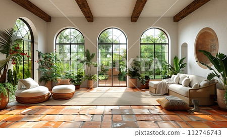 AI-generated content. Mediterranean-inspired sunroom with terracotta tiles olive trees 112746743