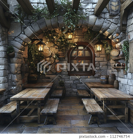 AI-generated content. Medieval themed tavern with stone walls and heavy wooden tables3D render 112746754