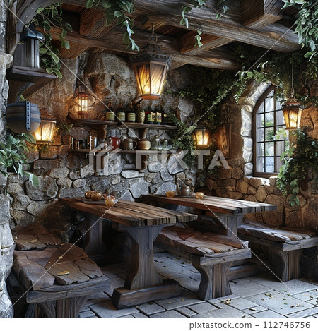 AI-generated content. Medieval themed tavern with stone walls and heavy wooden tables3D render 112746756