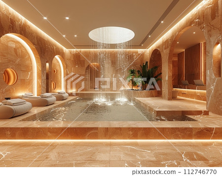 AI-generated content. Luxurious spa reception with water features and tranquil music3D render 112746770
