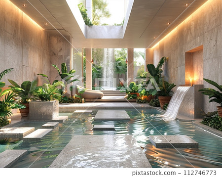 AI-generated content. Luxurious spa reception with water features and tranquil music3D render 112746773