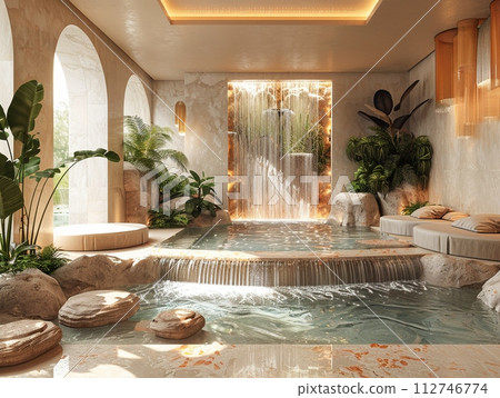 AI-generated content. Luxurious spa reception with water features and tranquil music3D render 112746774