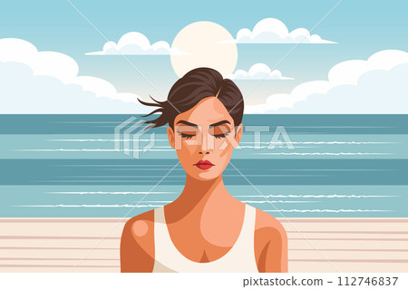 Young woman on the beach against the backdrop of a seascape. Mental health. Time relax. Illustration. Vector 112746837