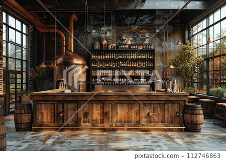 AI-generated content. Industrial-style brewery with exposed pipes and a bar made from reclaimed wood.3D render 112746863