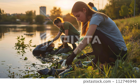 Woman picking up plastic bottles and trash on the lake at sunset. 112746946