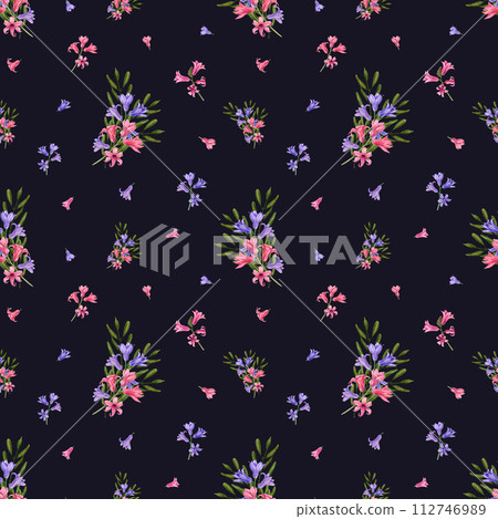 Delicate bouquet of blue, pink Hyacinths, eucalyptus branches. Spring flower, plants. Seamless floral pattern isolated on black background. Watercolor illustration for fabric, textile, scrapbook Delicate bouquet of blue, pink Hyacinths, eucalyptus branches. Spring flower, plants. Seamless floral pattern isolated on black background. Watercolor illustration for fabric, textile, scrapbook 112746989