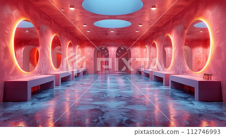 AI-generated content. High-fashion dressing area with runway lighting and mirrored walls3D render AI-generated content. High-fashion dressing area with runway lighting and mirrored walls3D render 112746993