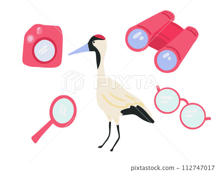 Bird watching set flat design with camera and crane Bird watching set flat design with camera and crane 112747017