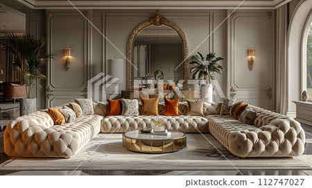 AI-generated content. Glamorous Hollywood Regency-style living room with plush fabrics and mirrored surfaces3D render. AI-generated content. Glamorous Hollywood Regency-style living room with plush fabrics and mirrored surfaces3D render. 112747027