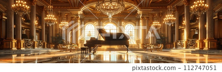 AI-generated content. Gatsby-era ballroom with crystal chandeliers and a grand piano3D render 112747051