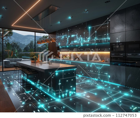 AI-generated content. Futuristic smart home kitchen with voice-controlled appliances and interactive countertops.3D render 112747053