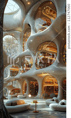 AI-generated content. Futuristic public library with holographic books and interactive learning pods.3D render 112747060
