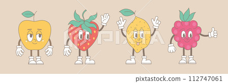 Retro groovy cartoon fruit characters. Modern cute comic mascot of lemon, berry, apple with happy smile face, hands and feet. 112747061