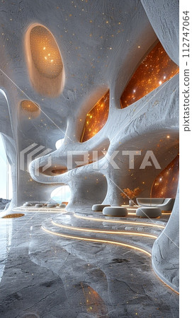 AI-generated content. Futuristic lobby with interactive installations and high-tech features3D render 112747064