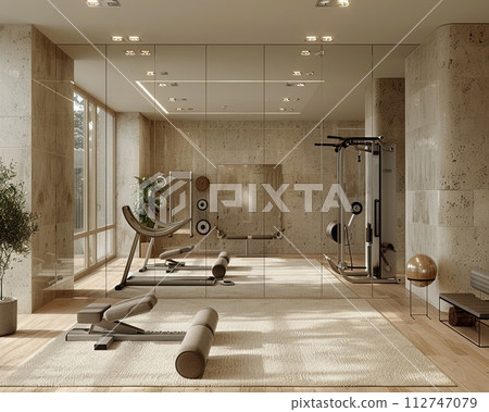AI-generated content. Functional and stylish home gym with mirrored walls and modern equipment3D render 112747079
