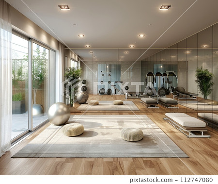 AI-generated content. Functional and stylish home gym with mirrored walls and modern equipment3D render 112747080
