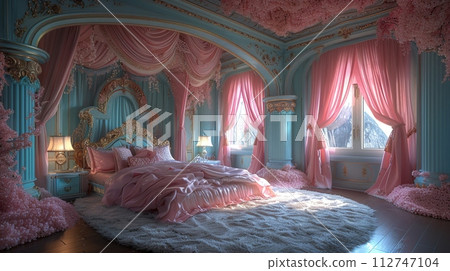 AI-generated content. Fairy-tale princess bedroom with a canopy bed and whimsical decor3D render 112747104