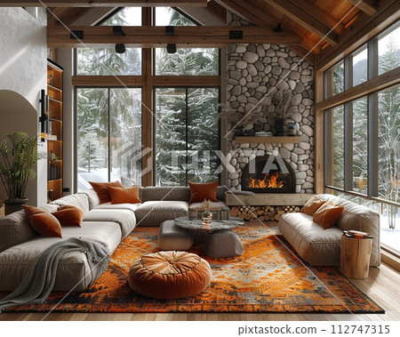 AI-generated content. Cozy ski lodge living room with a stone fireplace and comfortable seating3D render 112747315