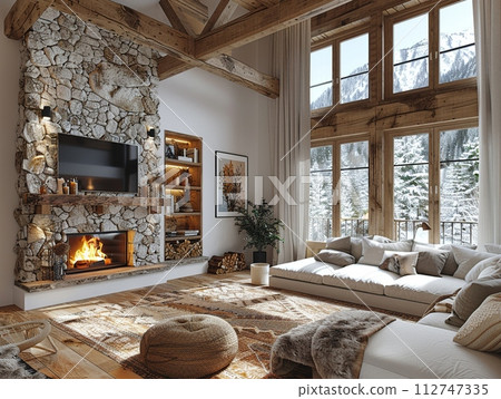AI-generated content. Cozy mountain cabin living room with a stone fireplace and wooden beams3D render 112747335